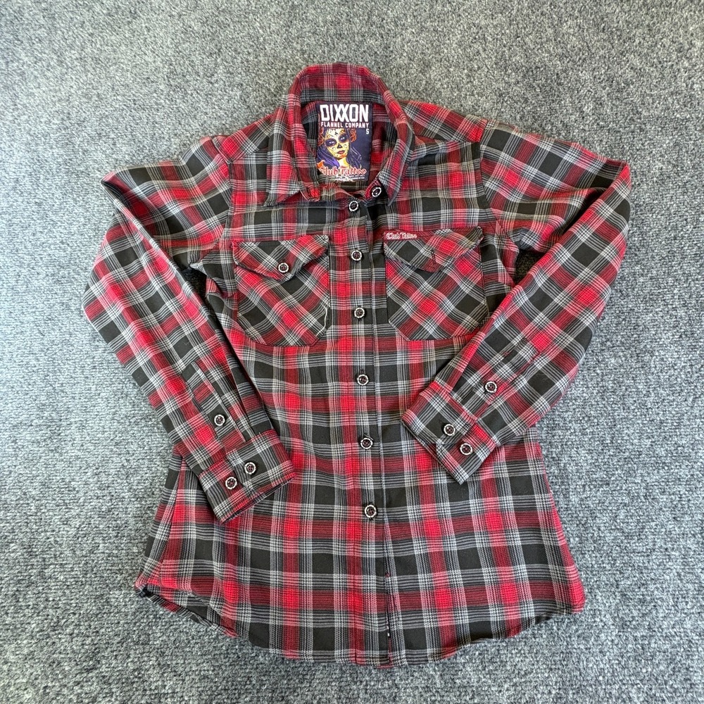 Dixxon Flannel Co. Club Tattoo Shirt Womens Small Red Black Plaid Button‎ Up